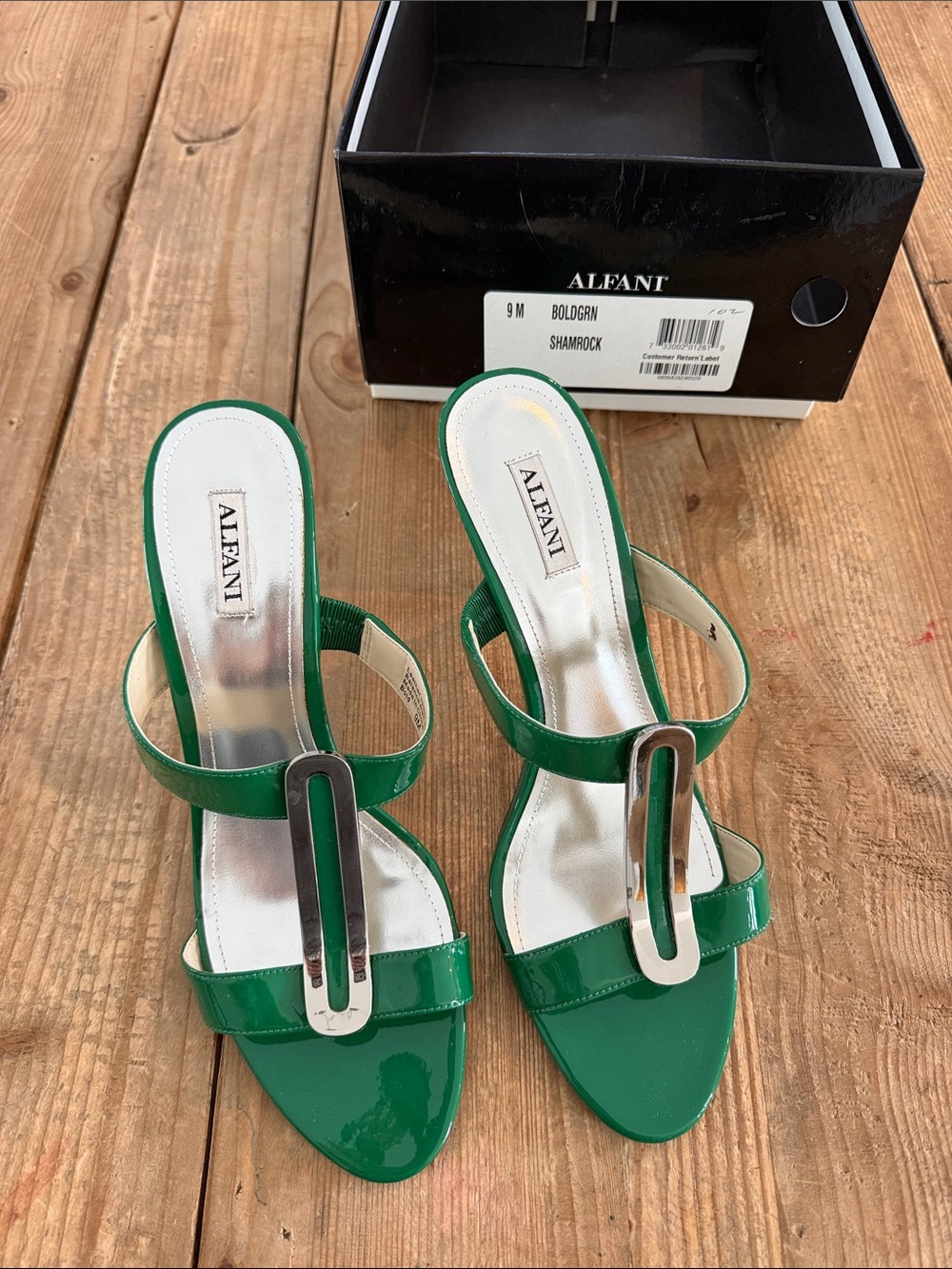 Alfani Green Patent Slide Heels with Silver Accents